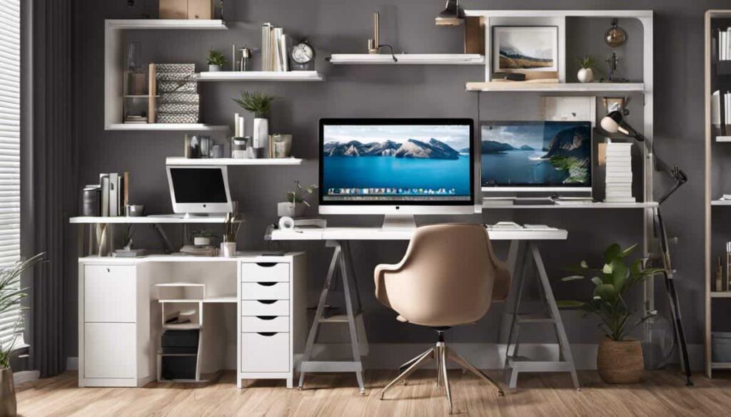 Home office desk with a desktop computer, shelves and desk chair