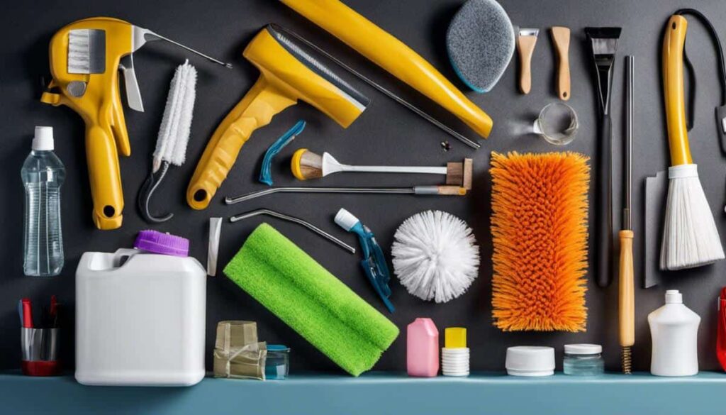 Brushes, sponges and squeegees laid out on a dark surface