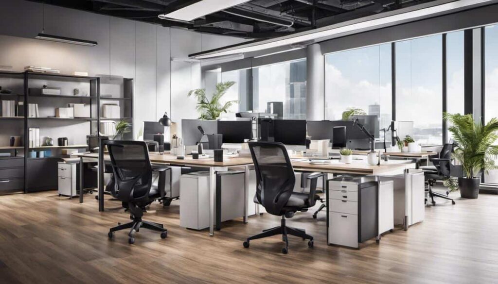 Open-plan office with rows of desks and computers in a clean workspace
