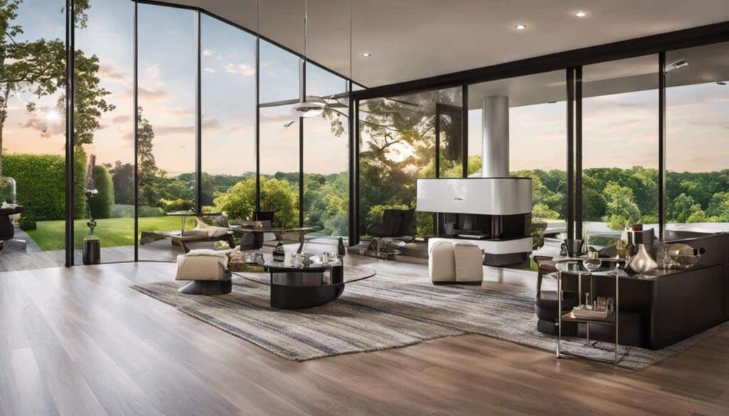 Modern living room with floor-to-ceiling glass walls and a garden view
