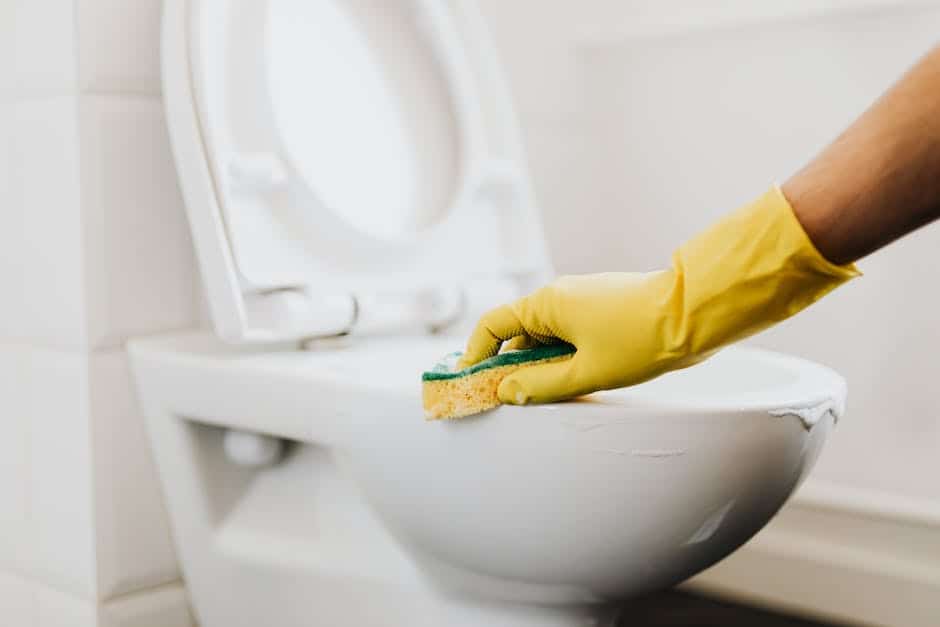 Yellow-gloved hand cleaning the inside of a toilet bowl