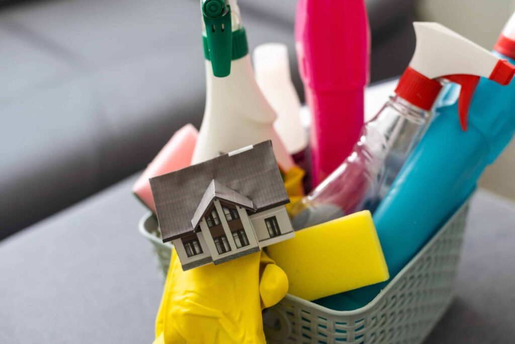 Basket of cleaning supplies, gloves and a sponge holding a small model house