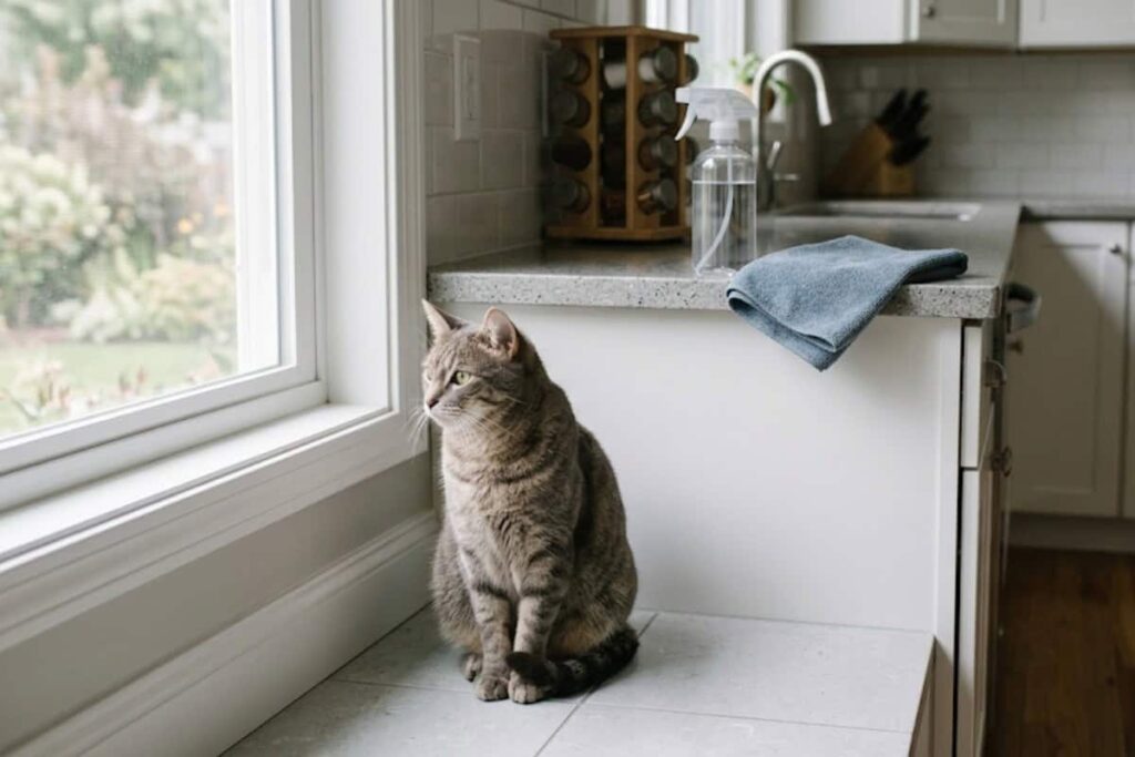 Gray tabby cat sitting on a white kitchen windowsill, looking out the window beside a spray bottle and blue towel on the counter