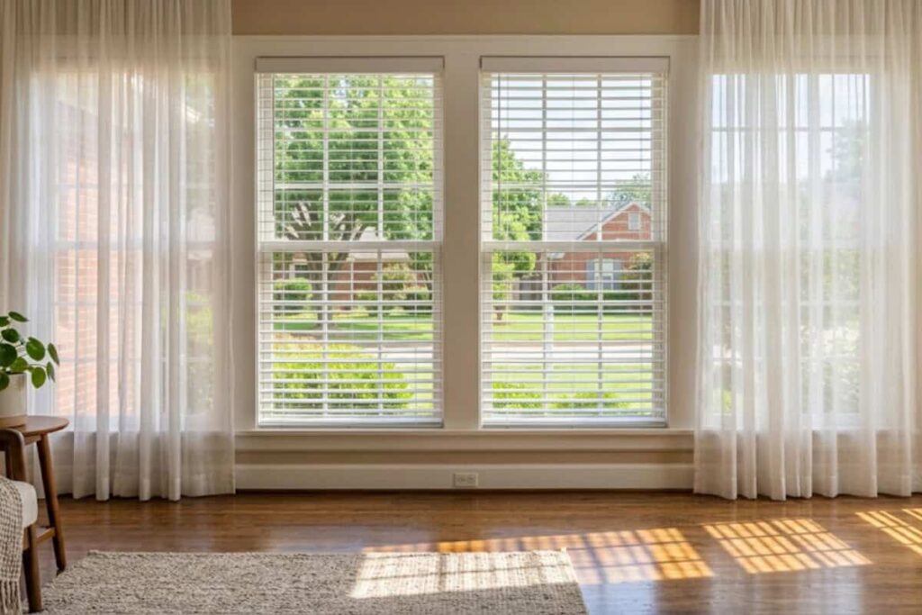 Sunlit living room with large windows, white blinds, and sheer curtains; a potted plant sits on a side table to the left.