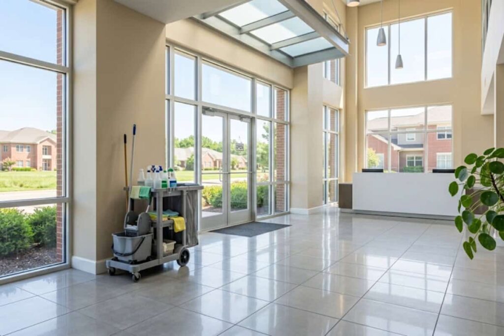 Lobby interior with a cleaning cart by the glass doors and a bright reception desk in the background