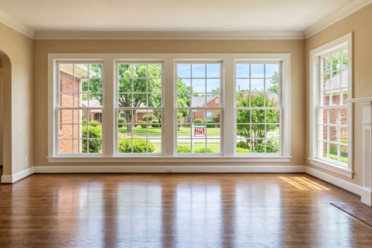 Bright empty living room with large multi‑pane windows looking onto a suburban front yard; a For Sale sign is visible outside.