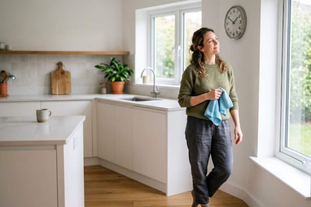 Woman in a green sweater stands by a bright white kitchen window, holding a blue cleaning cloth and gazing outside.