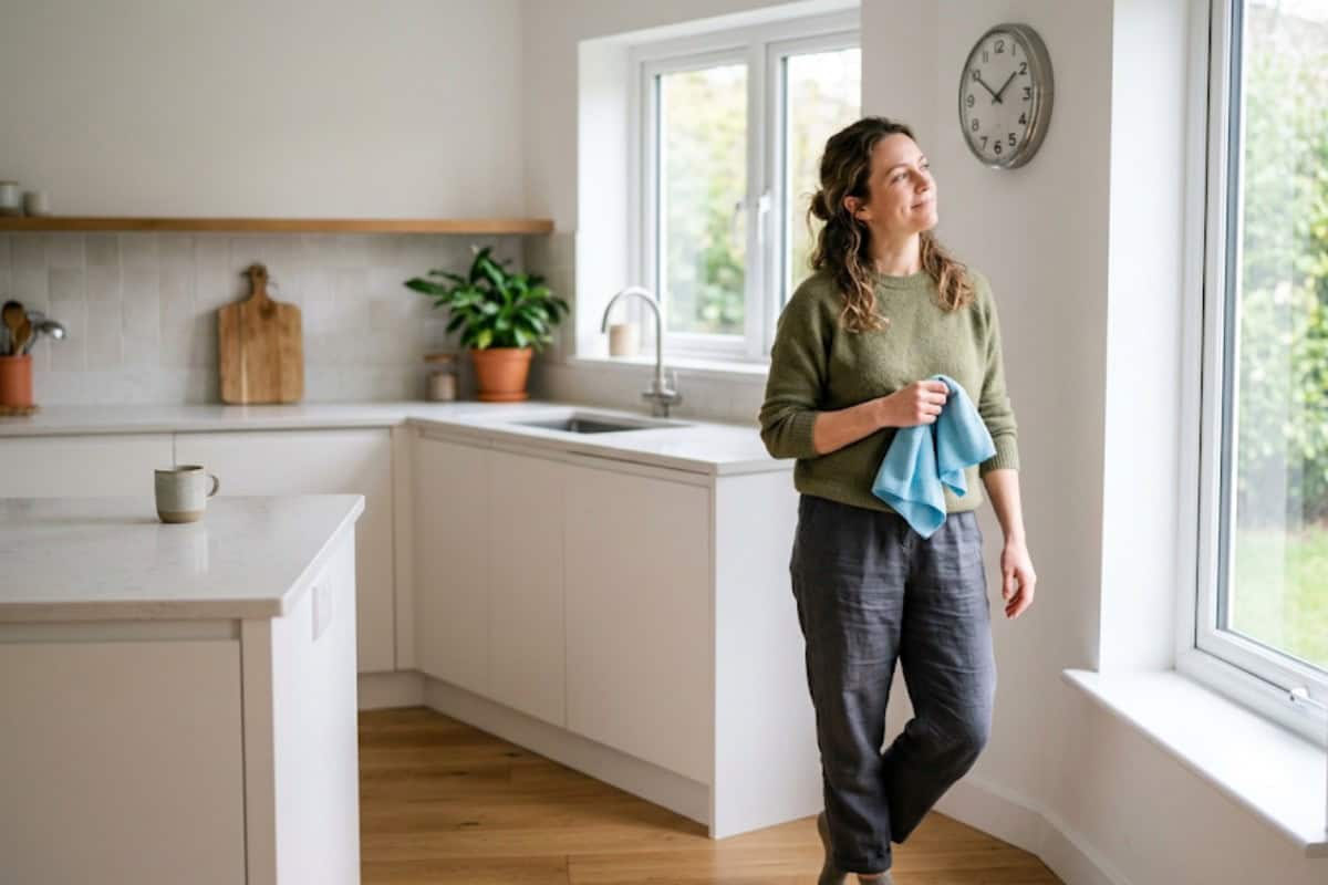 Woman in a green sweater stands by a bright white kitchen window, holding a blue cleaning cloth and gazing outside.