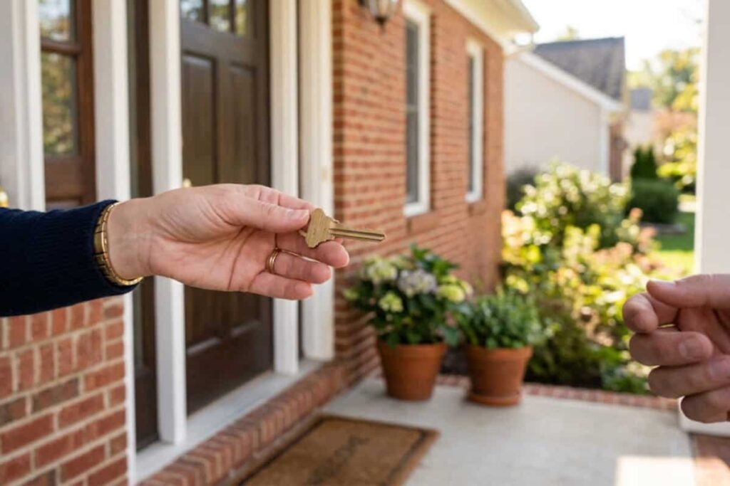 Person hands a set of keys to someone at the front door of a brick house, on a sunny porch with potted plants nearby.