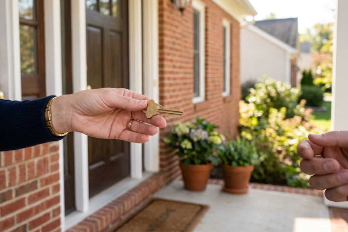 Person hands a set of keys to someone at the front door of a brick house, on a sunny porch with potted plants nearby.