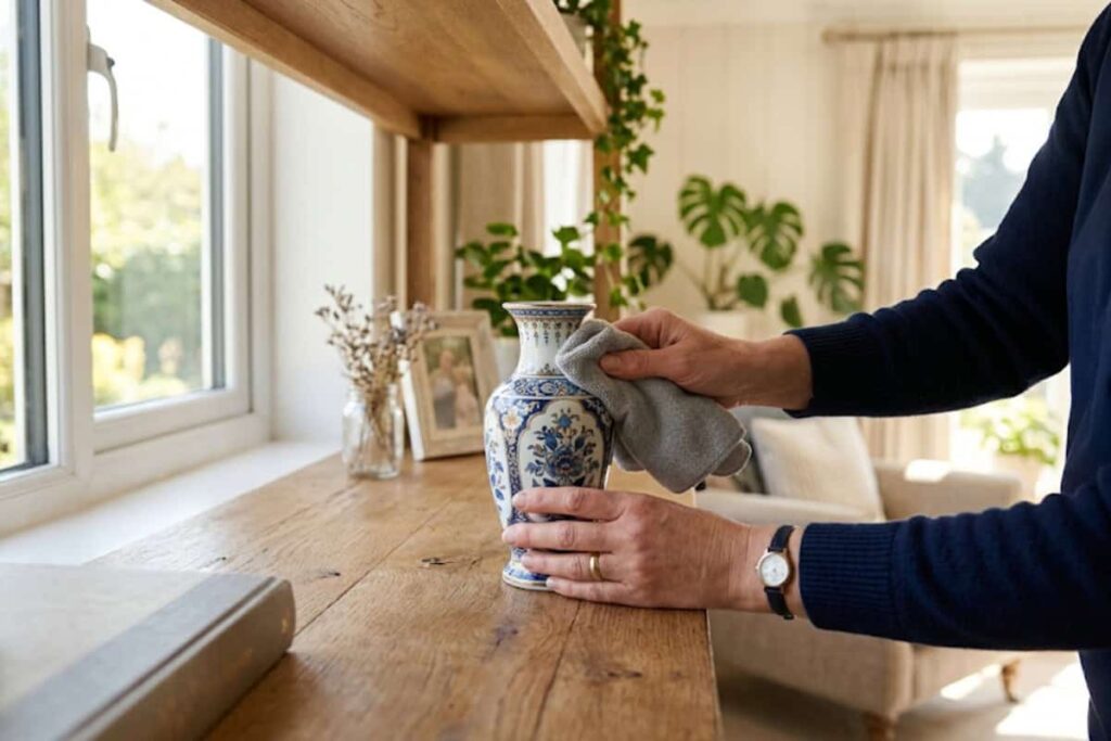 Person polishing a blue-and-white ceramic vase with a gray cloth on a sunlit wooden table