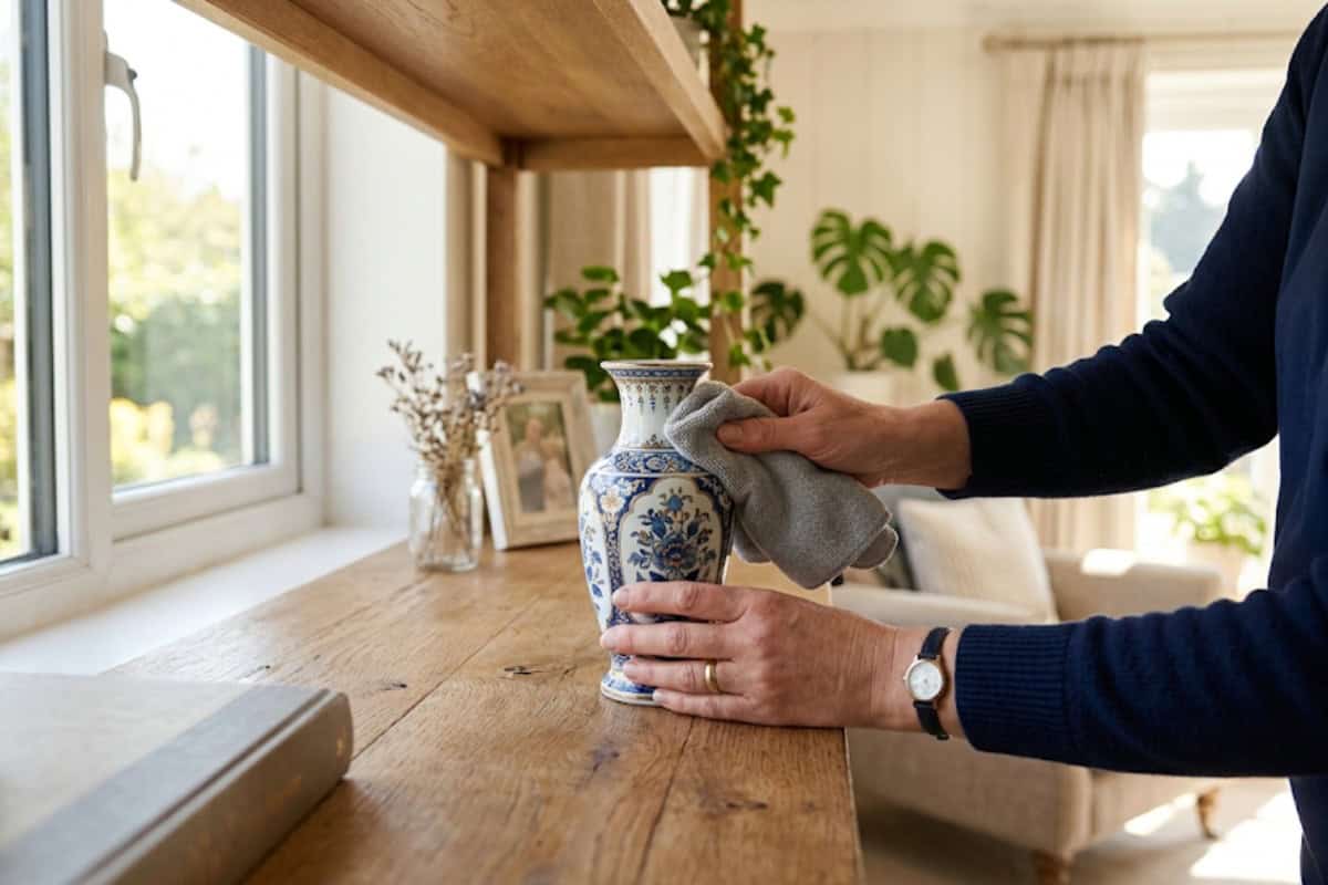 Person polishing a blue-and-white ceramic vase with a gray cloth on a sunlit wooden table