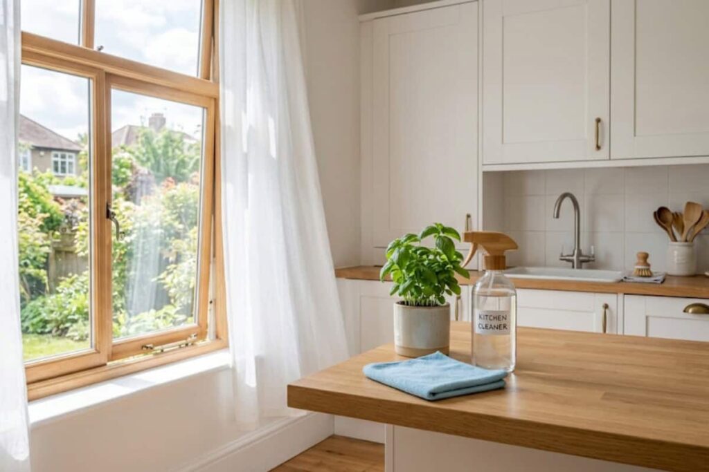 Bright kitchen with a wooden island, potted plant, blue cloth and spray bottle by a large window