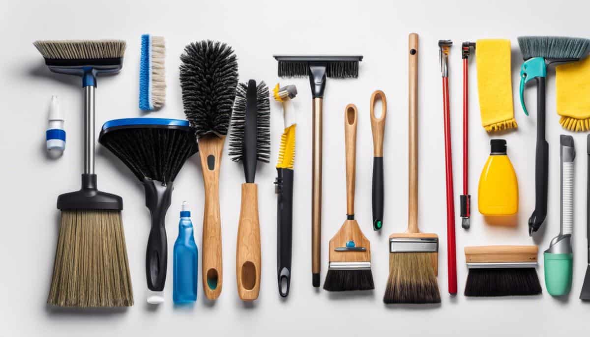 Various cleaning tools neatly organized on a white background